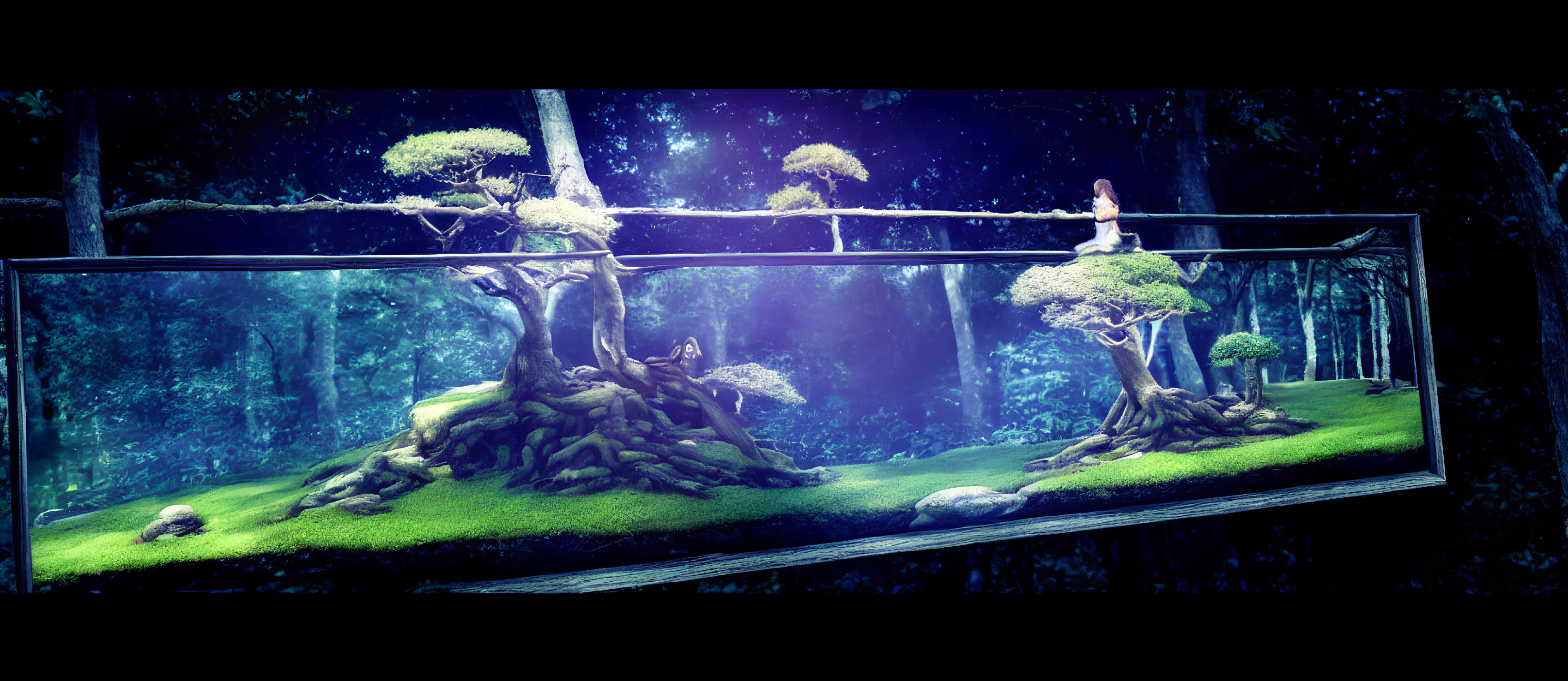 Aquarium with forest background, trees, moss, and person blending reality with fantasy.