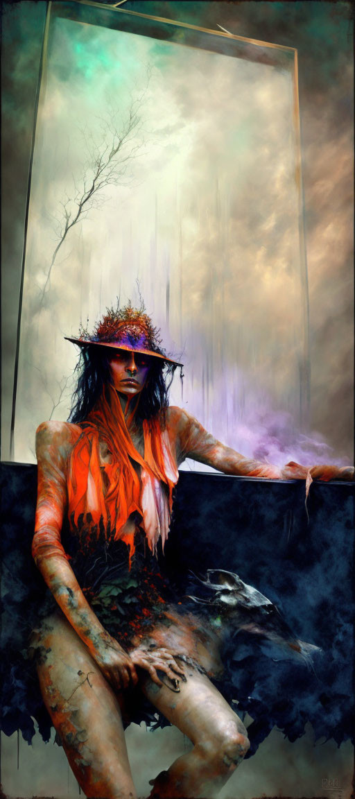 Figure with wild hair and crown in vibrant orange cloth against surreal backdrop