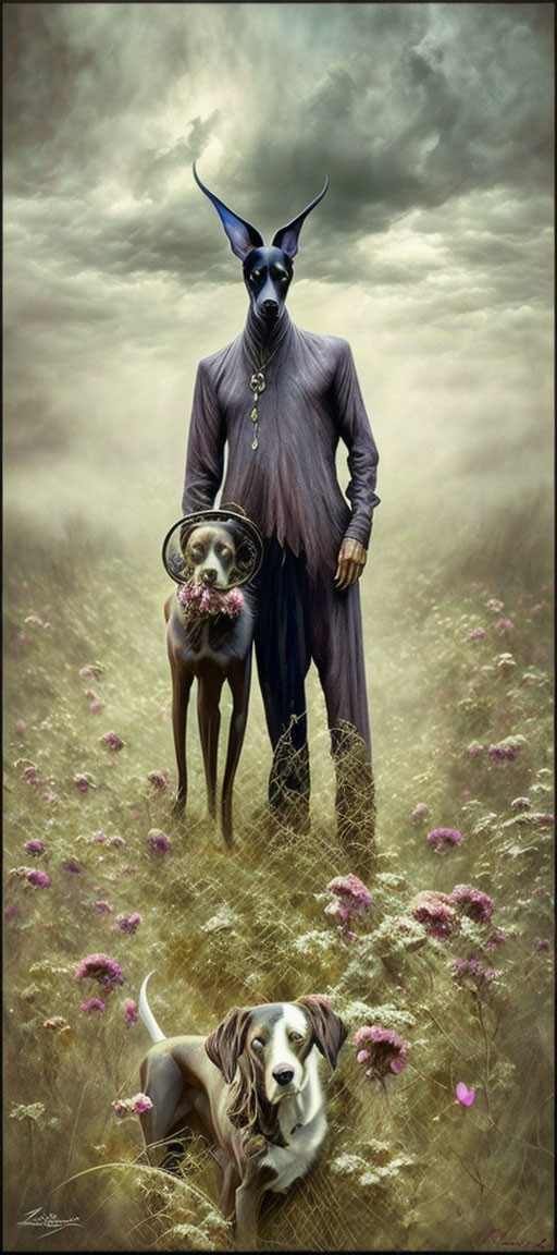 Surreal image: person with goat's head, dogs in field