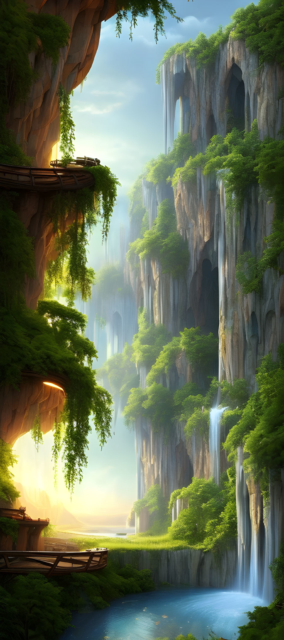 Majestic rock formations with lush greenery and waterfalls in serene river landscape