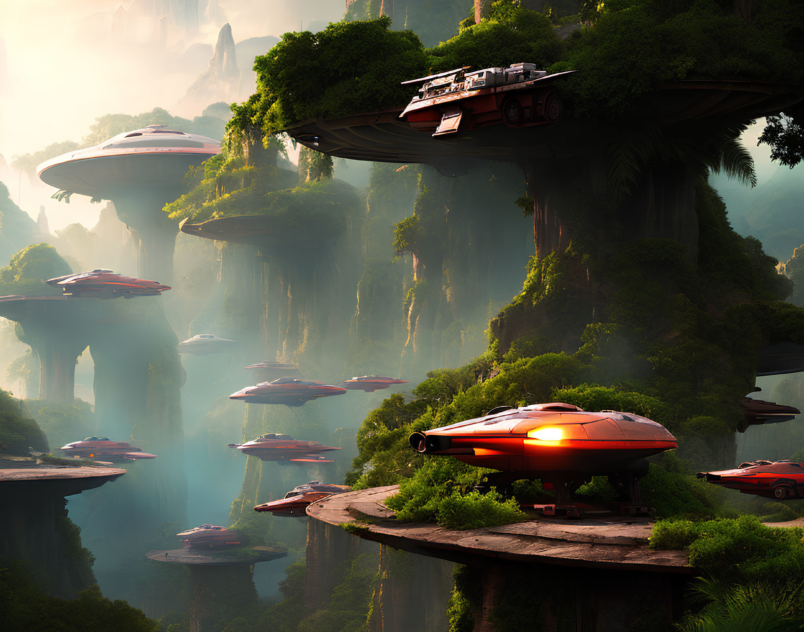 Futuristic sci-fi landscape with greenery, floating islands, and red flying saucers