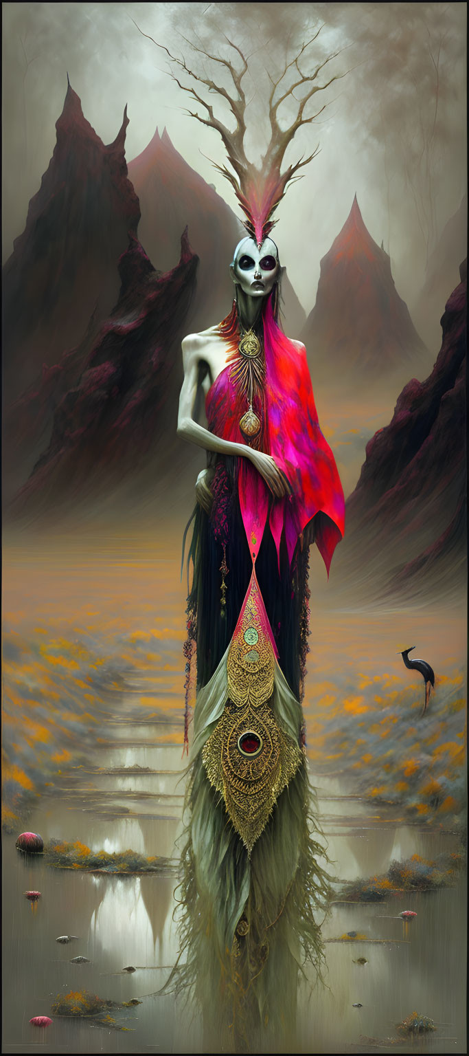 Ethereal figure in vibrant attire with peacock feather headdress in misty landscape