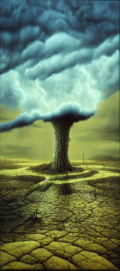 Surreal painting of solitary tree with cloud explosion on parched landscape