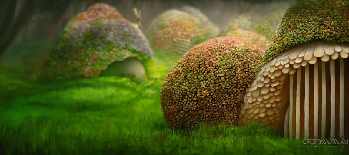 Mushroom-shaped Houses in Lush Green Forest Clearing