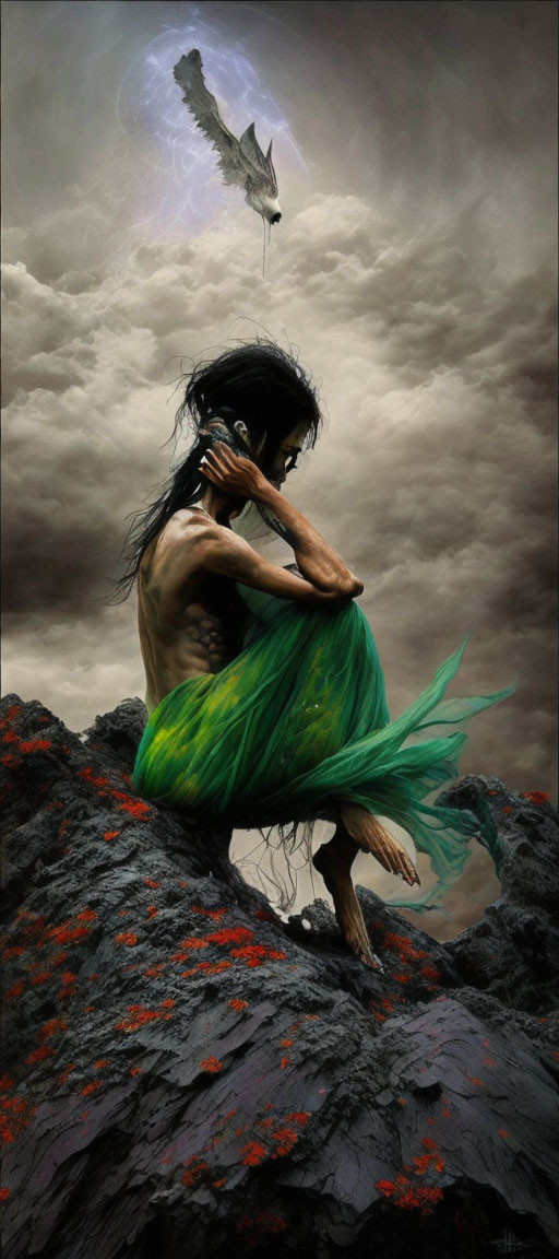 Woman sitting on rocky outcrop under stormy sky with dragon-like creature