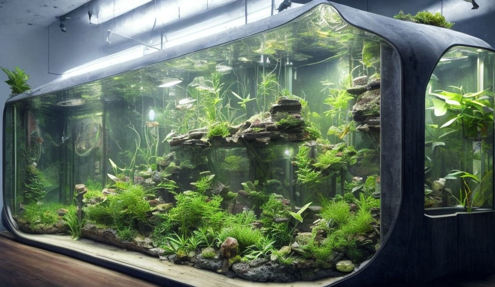 Spacious Curved Aquarium with Lush Plants and Rocks