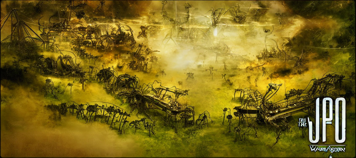 Dystopian landscape with mechanical wreckage and ruins in yellow and green haze