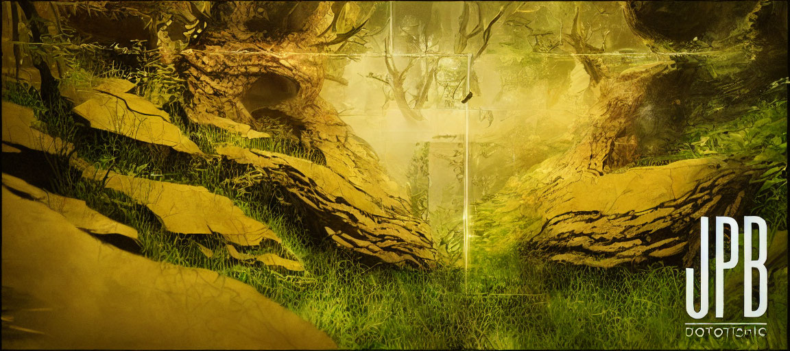 Fantastical forest scene with glowing green hue and mysterious emblem.