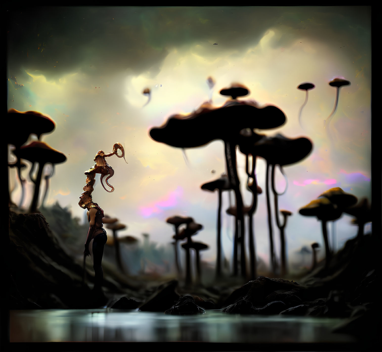 Ethereal landscape with towering mushroom-like structures and reflective water body