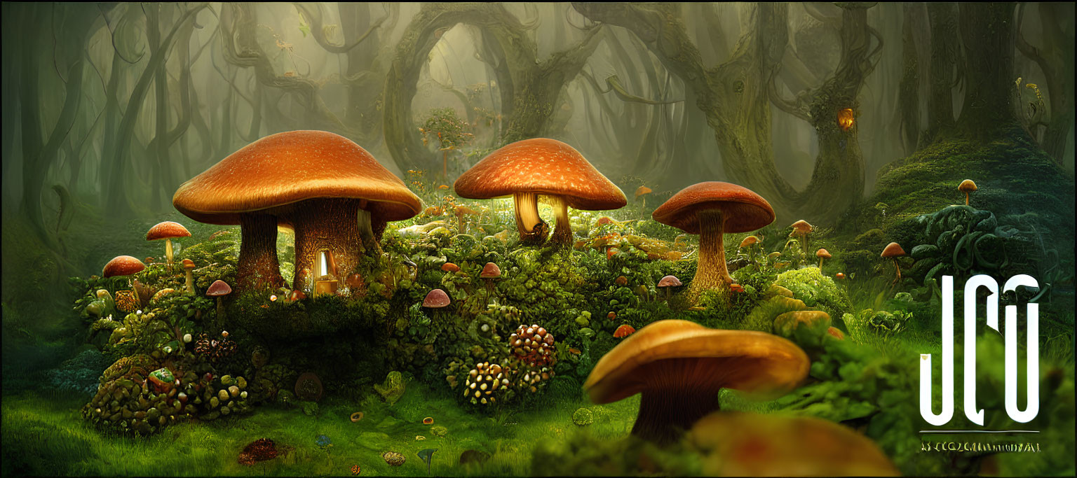 Mystical forest scene with large mushrooms and smaller fungi