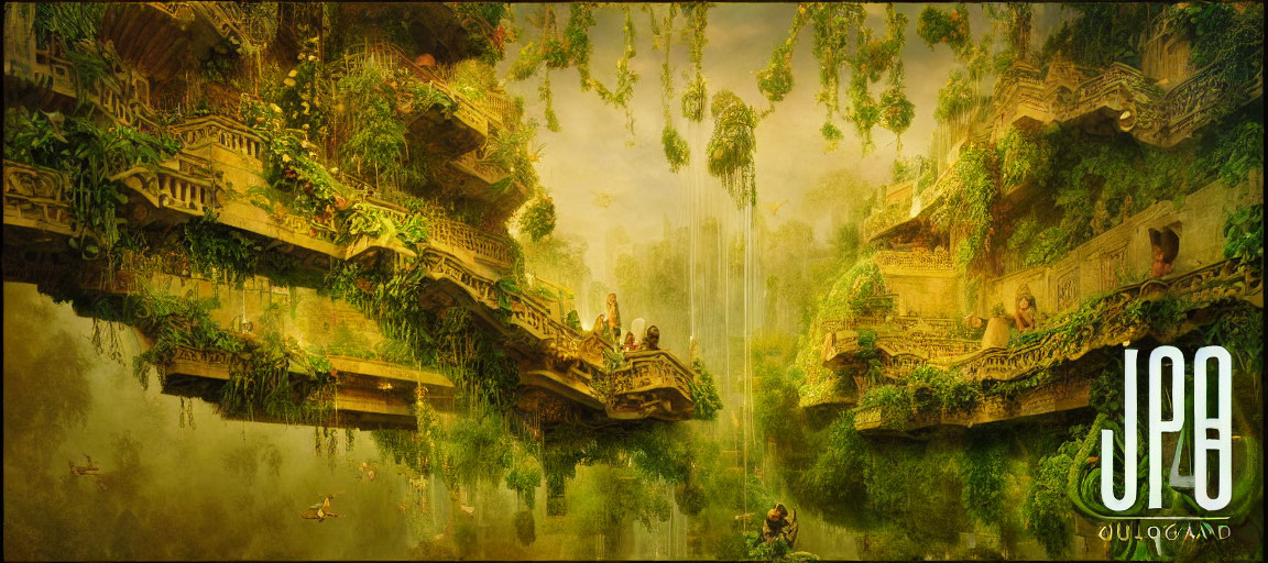 Fantasy landscape with inverted city, overgrown foliage, waterfalls, and ruins