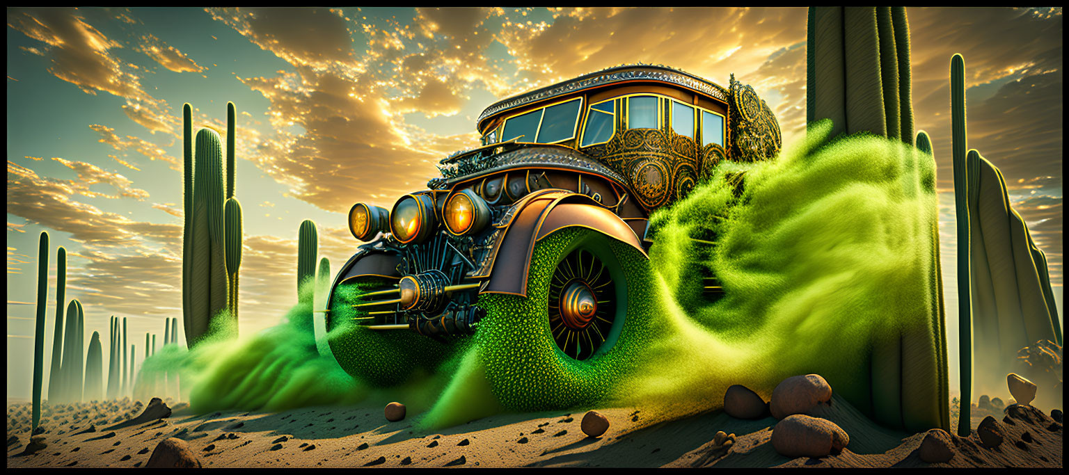 Vintage ornate car speeding through desert with tall cacti and glowing lights