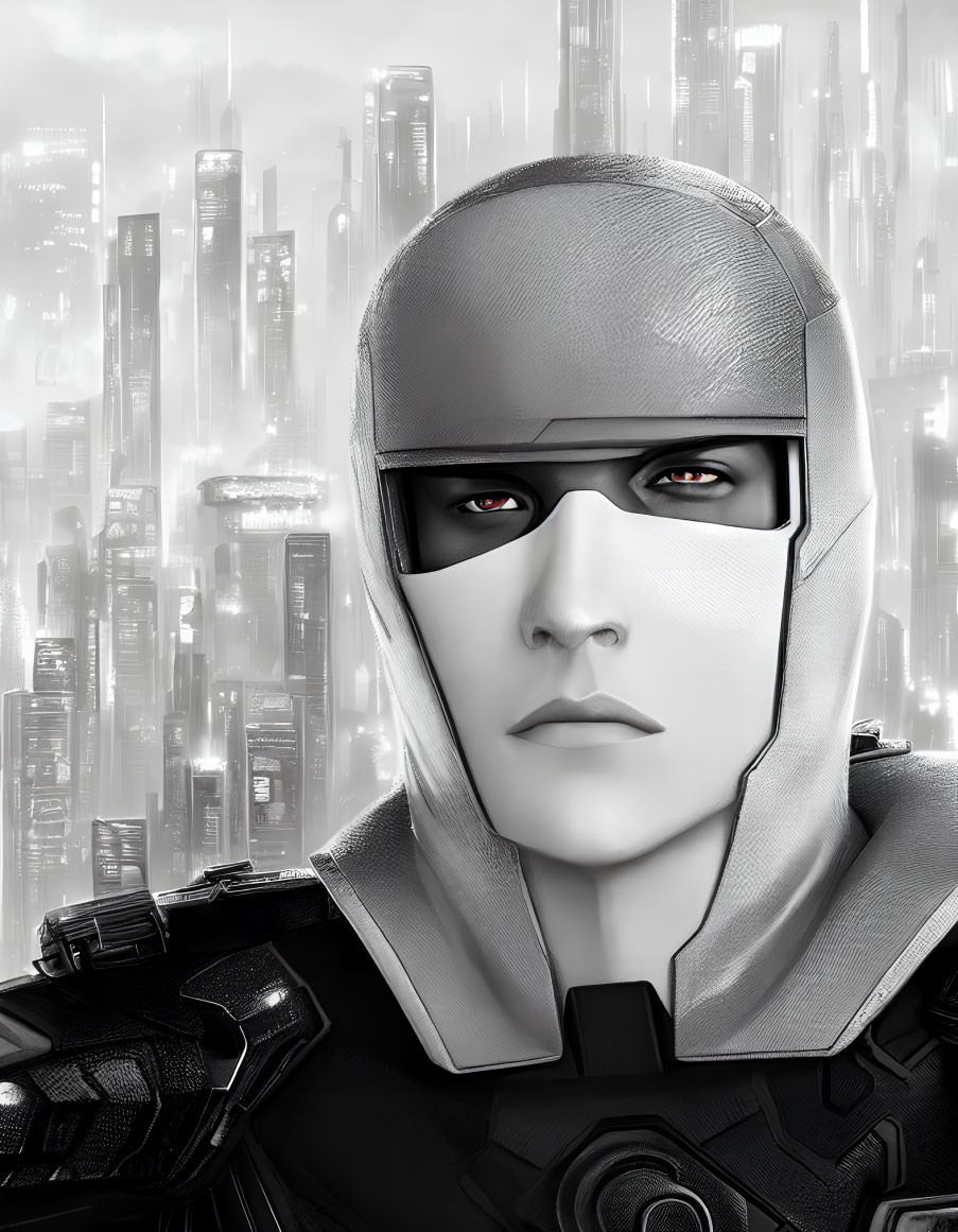 Futuristic robotic male figure with metallic helmet and visor in high-tech cityscape