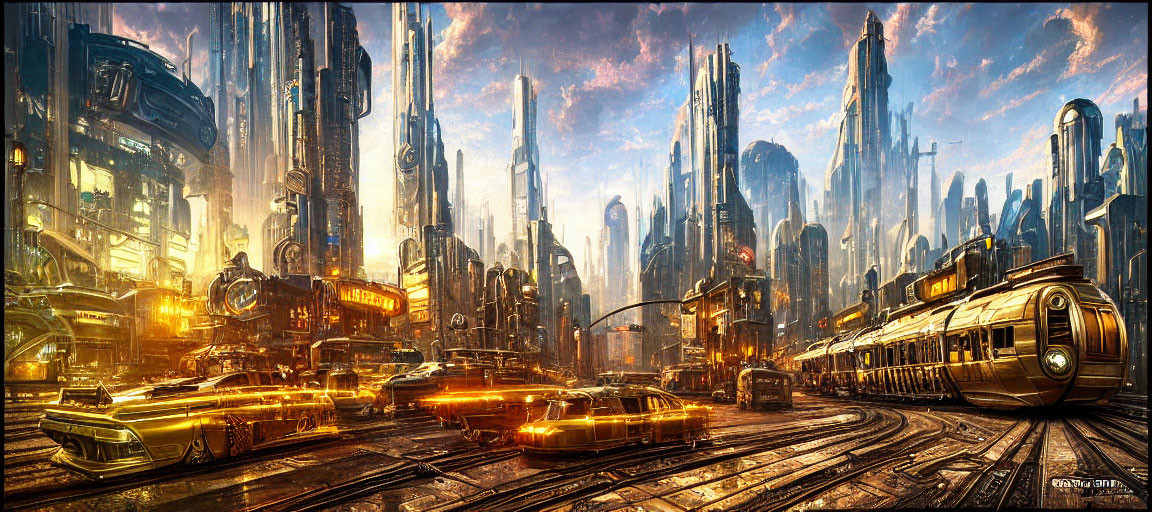 Futuristic cityscape with skyscrapers, flying vehicles, and sleek train in warm glow