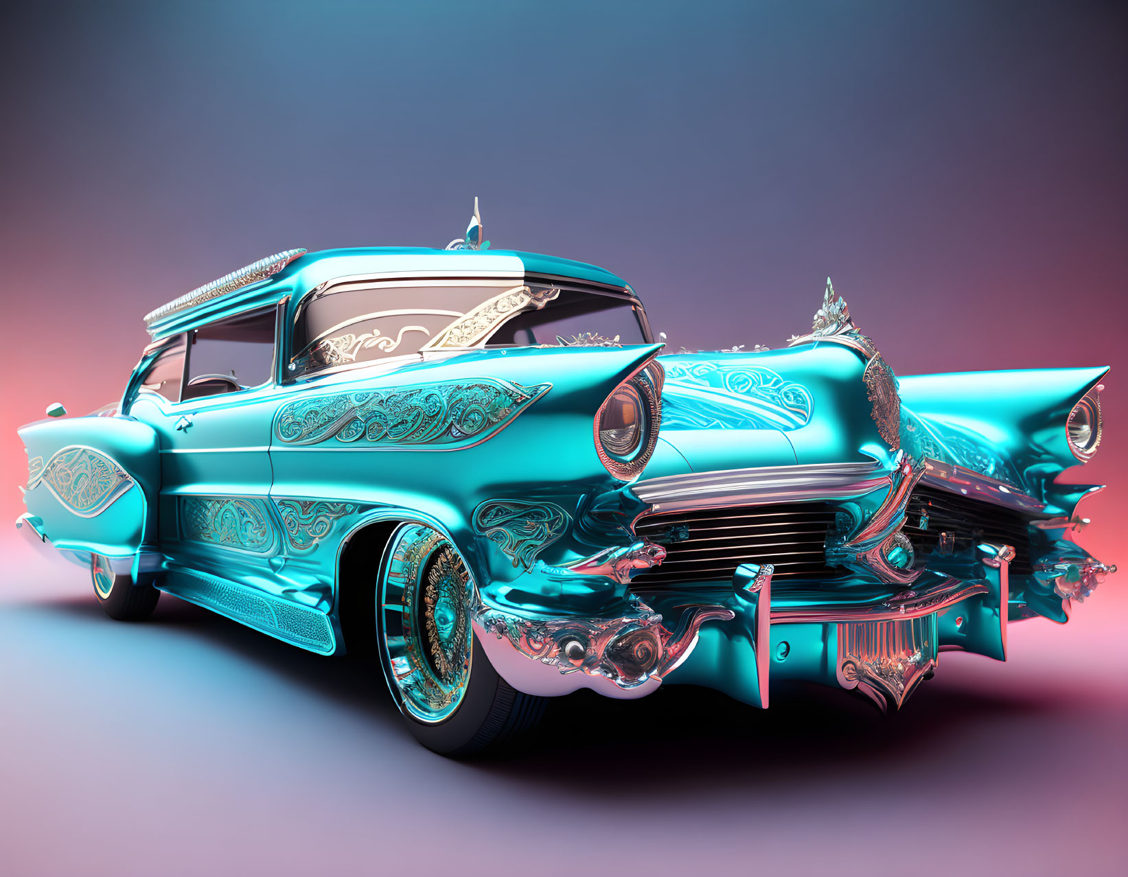 Digitally altered classic car with exaggerated proportions and ornate teal pattern on gradient background