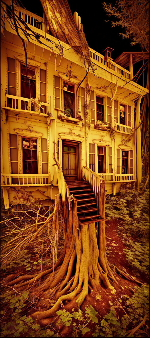 Sepia-tone image of old house with grand staircase entwined by tree roots