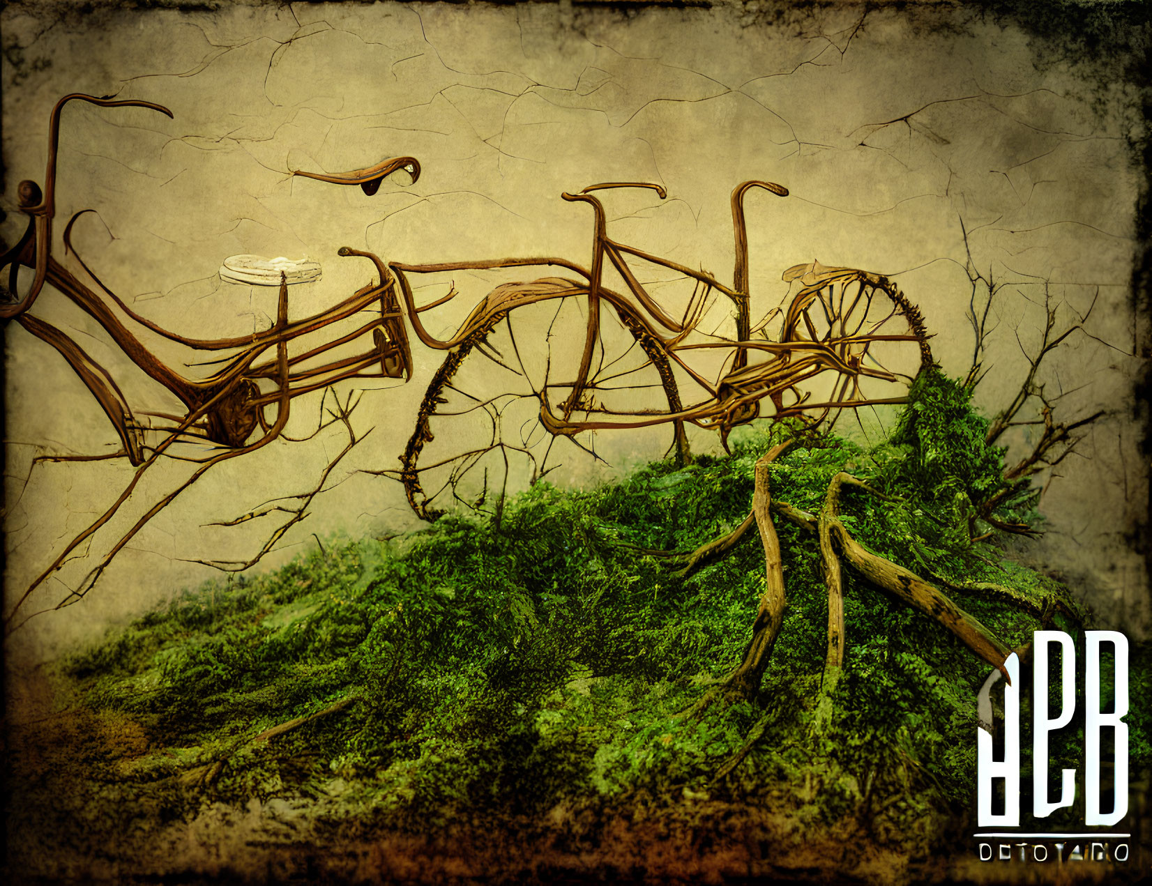 Vintage bicycle overgrown with vines on sepia background.