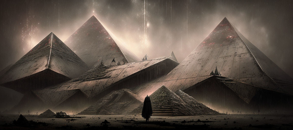 Colossal pyramids under gloomy sky with solitary figure and snowfall