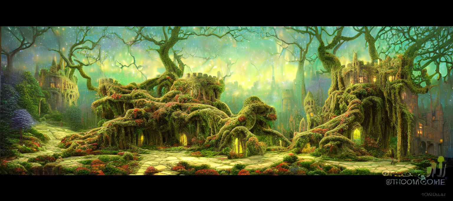 Mystical Enchanted Forest with Moss-Covered Trees and Ruins