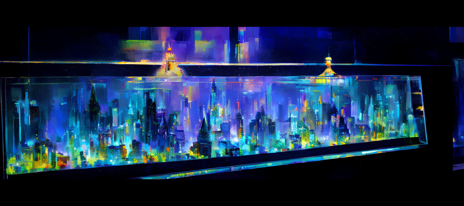 Vibrant cityscape submerged in aquarium with dynamic lighting