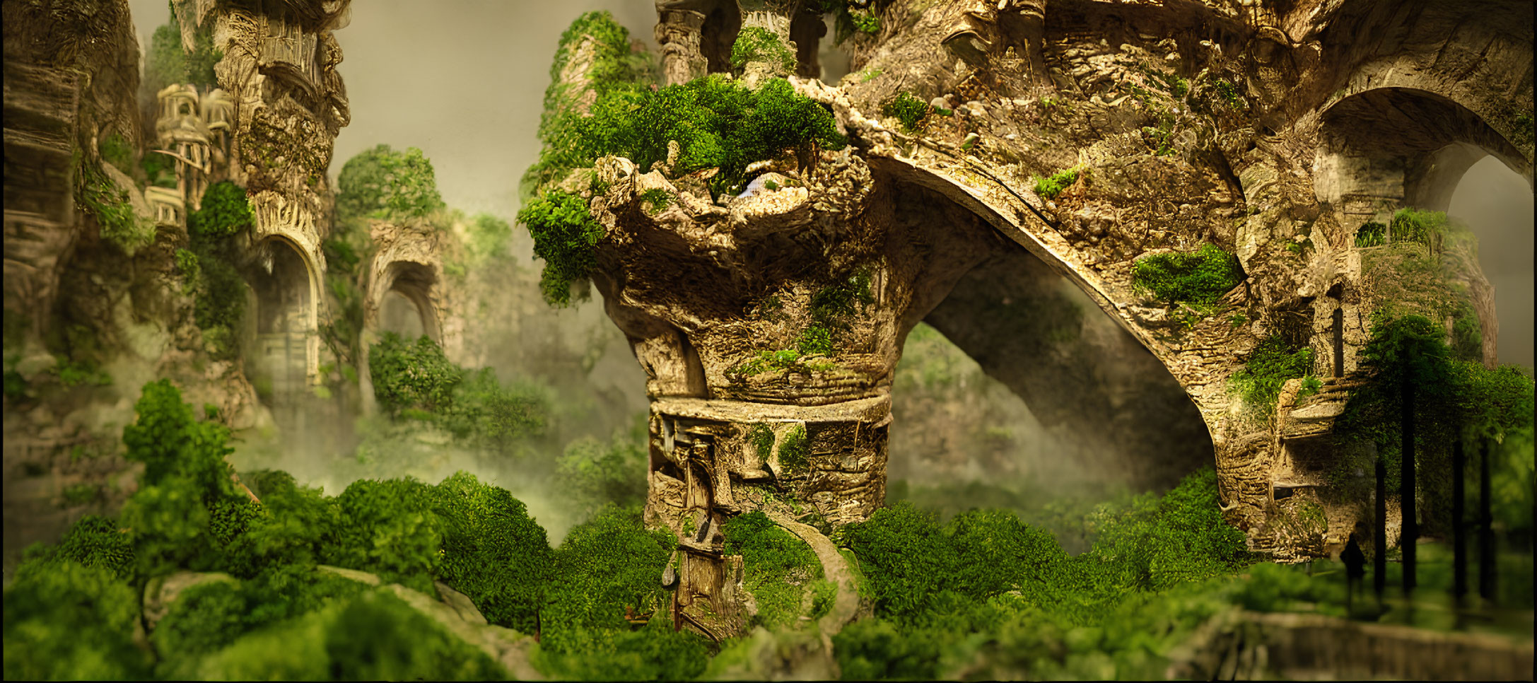 Ancient stone bridges and ruins in lush green landscape