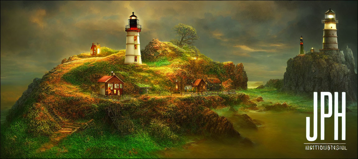 Fantastical landscape with lighthouse, cottages, stormy sky - "JPH" initials