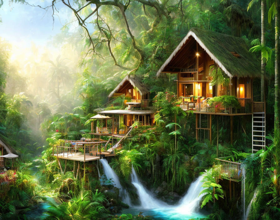 Peaceful forest scene with wooden house near waterfall and stream