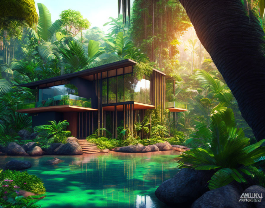 Glass house in lush tropical forest with serene pond & vibrant greenery