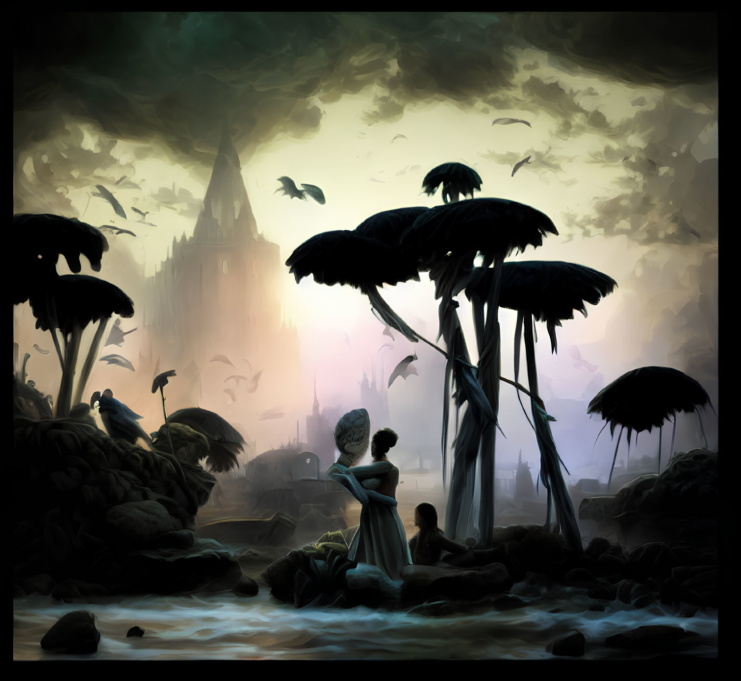 Woman by dark pond with eerie trees, silhouetted castle, and misty sunset-lit