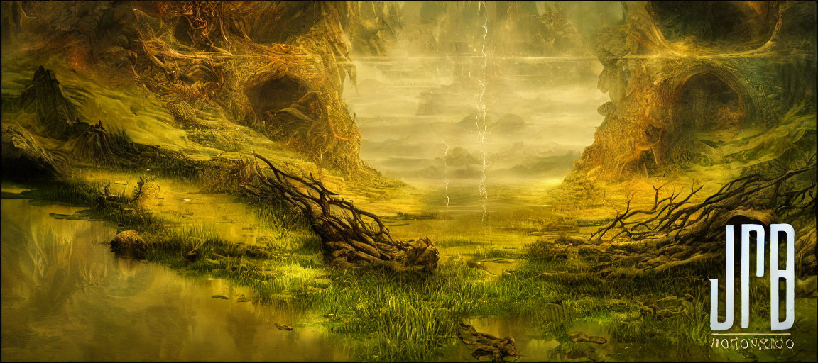 Mystical forest scene with sprawling trees and swampy landscape