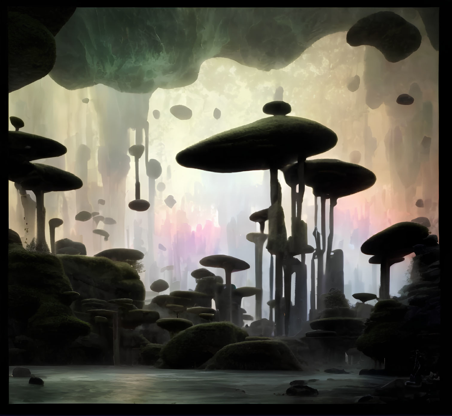 Mystical forest with towering mushroom structures and ethereal canopy.