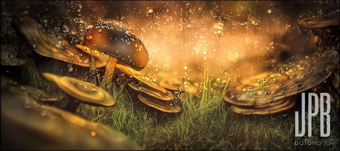 Close-up View of Mushrooms Amongst Grass with Sparkling Droplets in Warm Amber Light