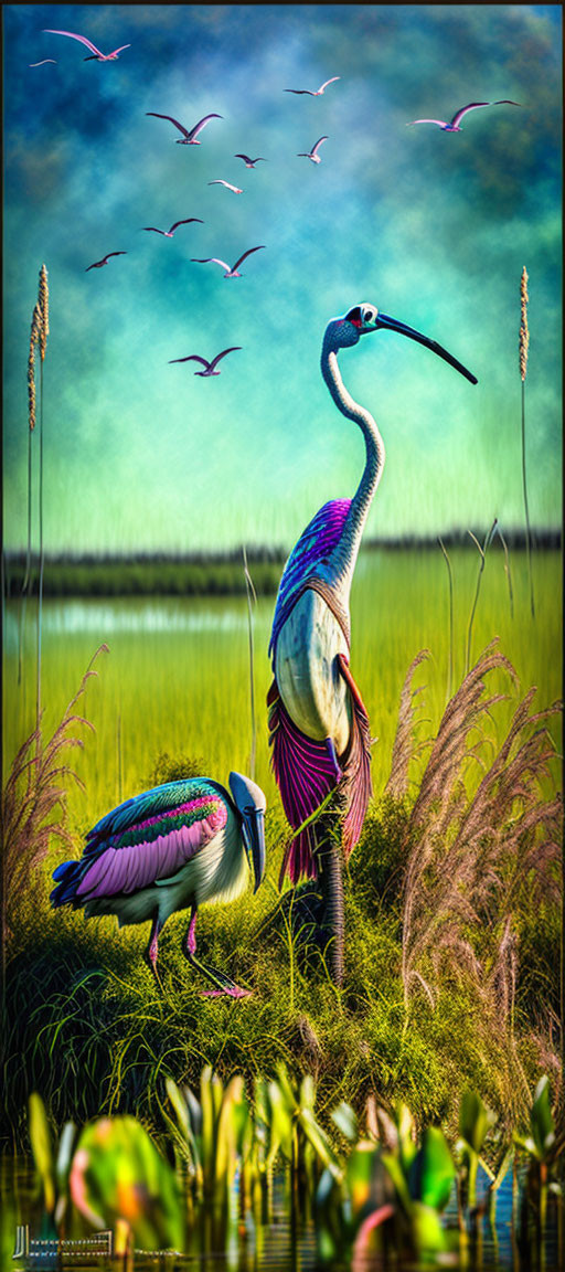 Vibrant marsh scene with colorful stylized birds