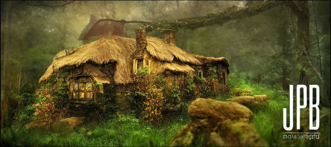 Thatched-Roof Cottage in Misty Forest Clearing