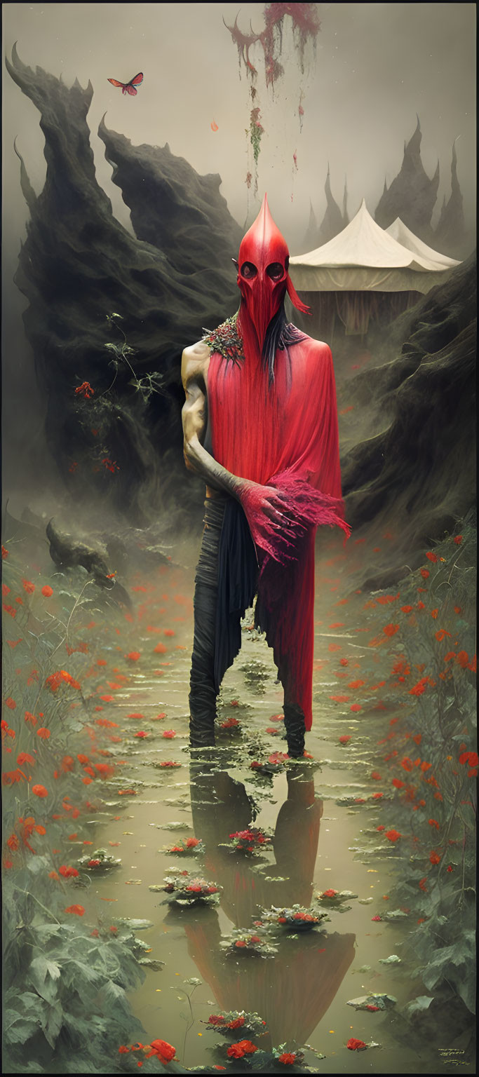 Masked Figure in Red Drapery Stands in Dark Landscape