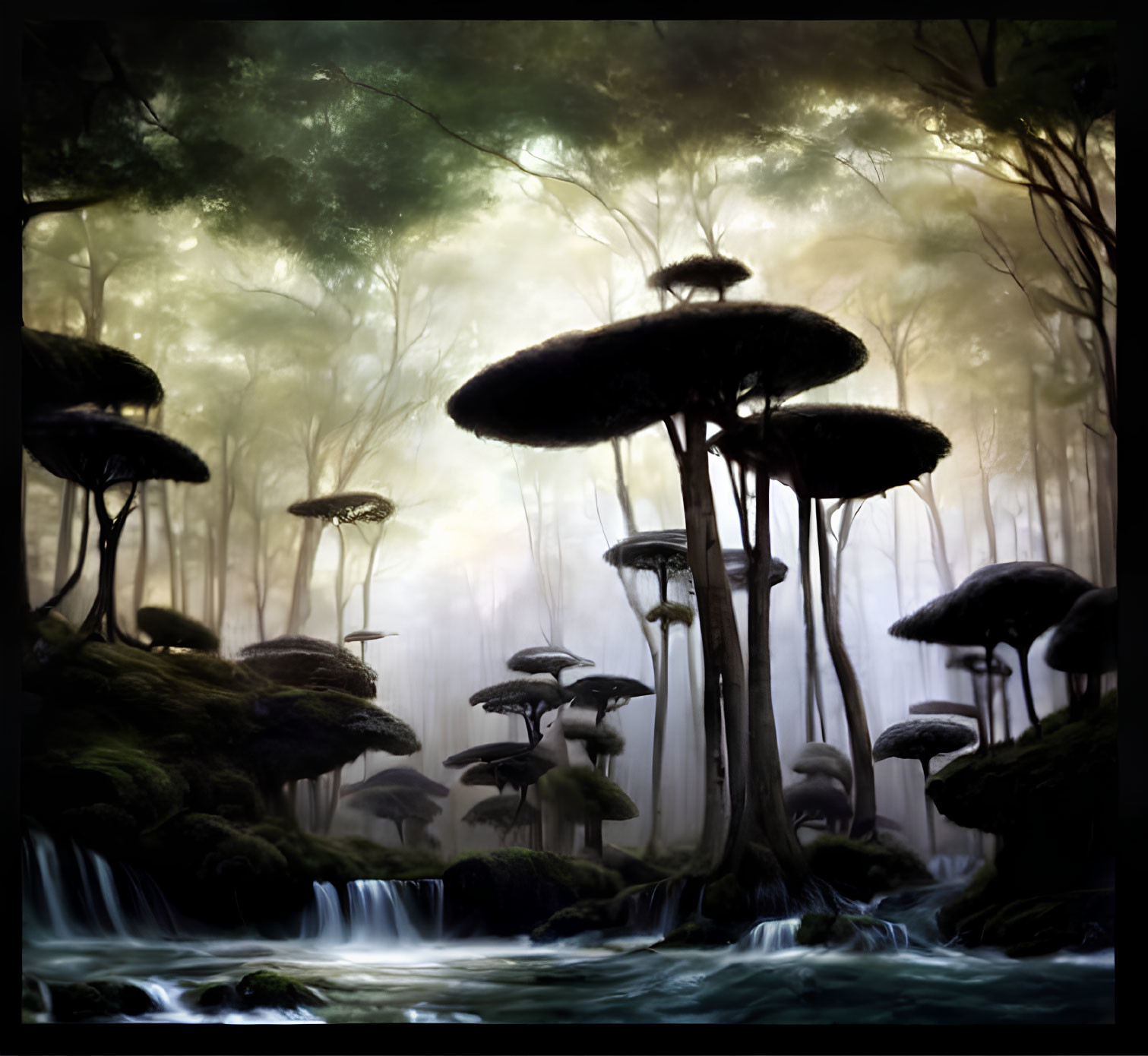 Mystical enchanted forest with oversized mushrooms and sparkling water streams