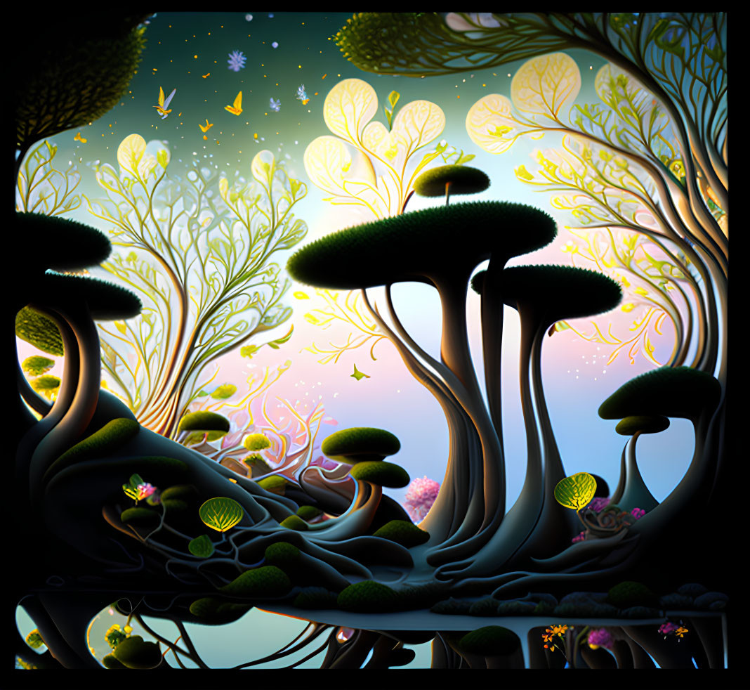 Fantastical forest with glowing trees under starry sky