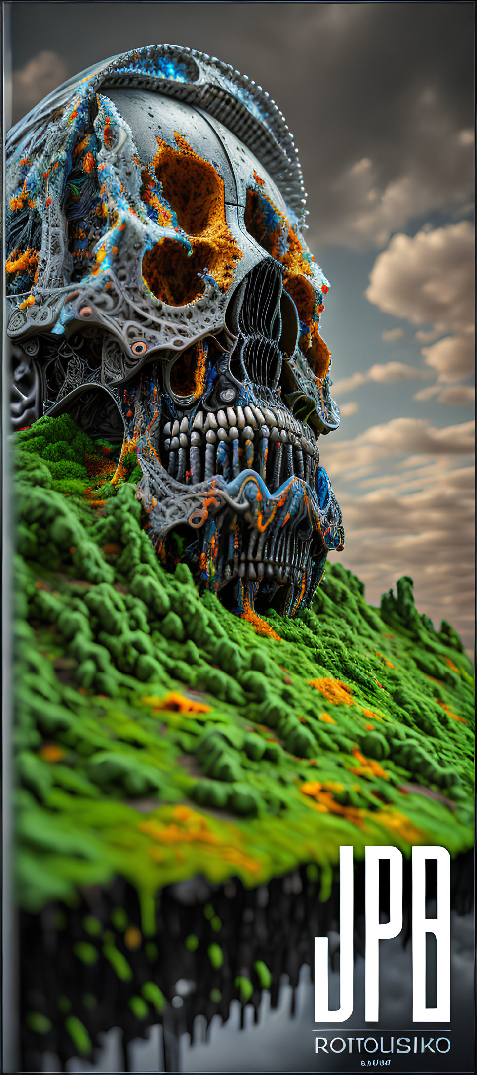 Biomechanical skull with green and orange moss textures and initials "JPB