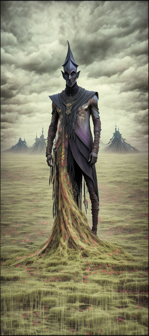 Fantastical figure in dark ornate armor with long cape in gloomy landscape