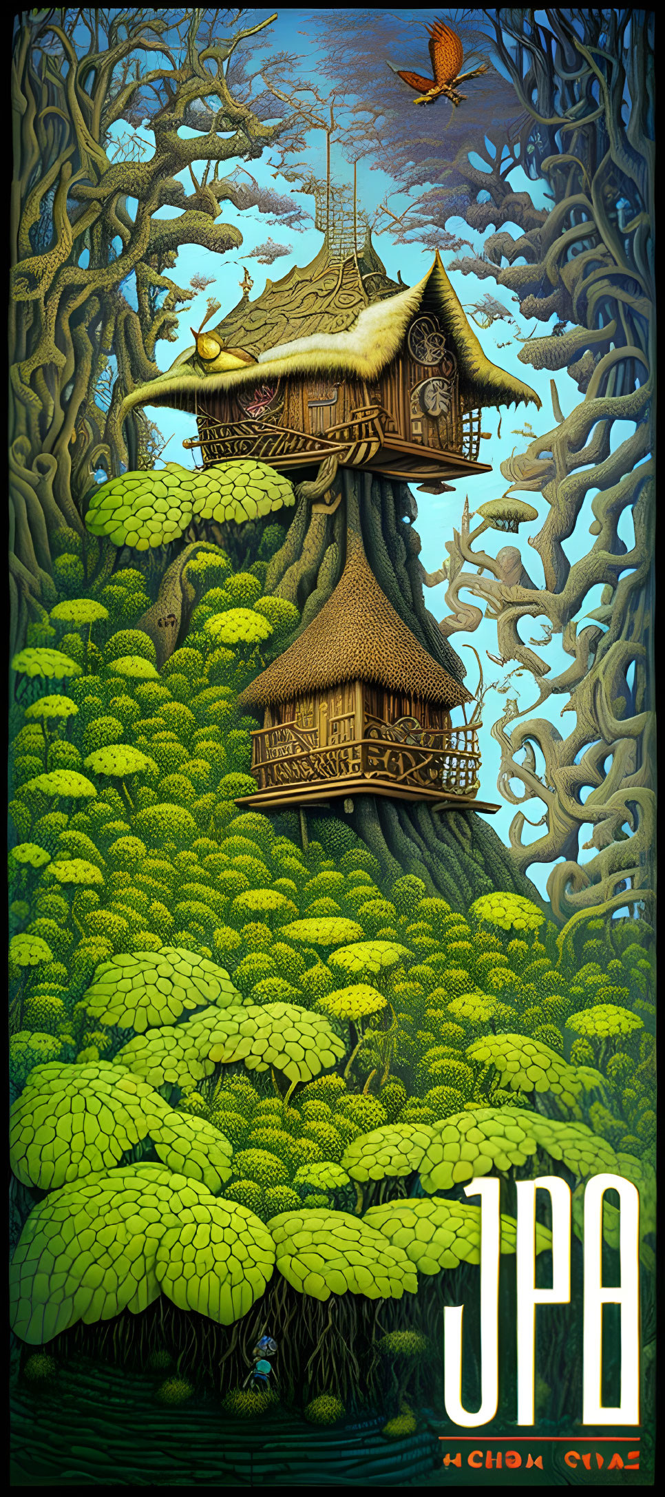 Intricate Fantasy Treehouses Among Verdant Trees and Cyrillic Text