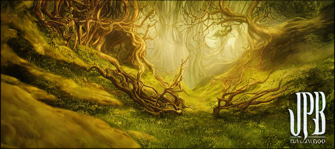 Mystical forest with twisted trees and lush greenery