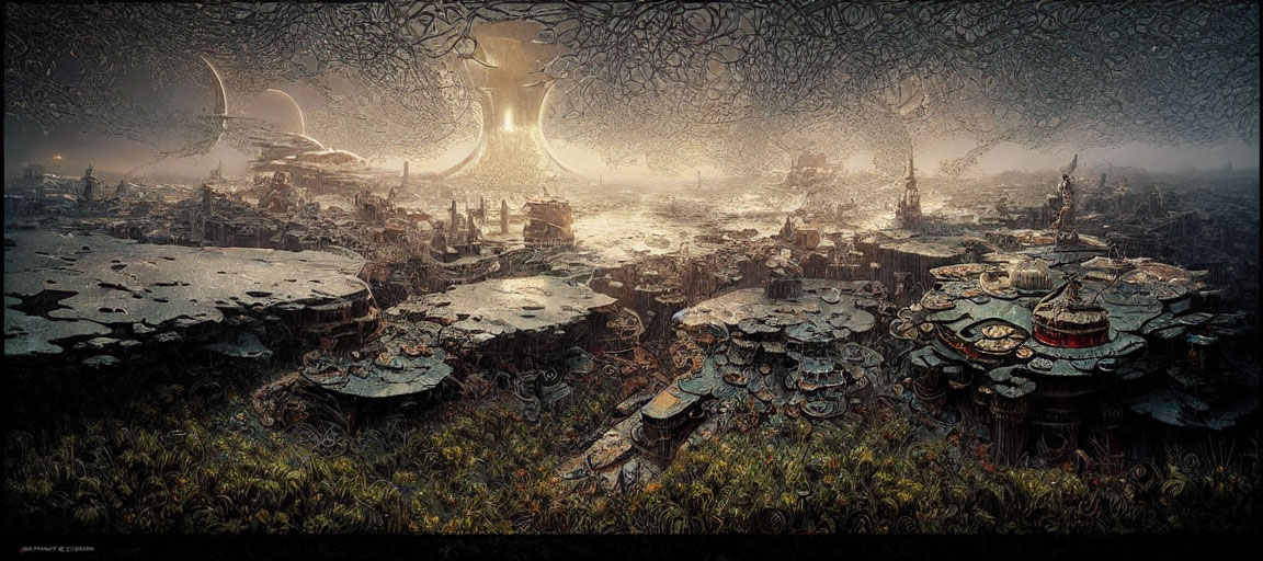 Fragmented floating islands, overgrown ruins, glowing structure in intricate canopy