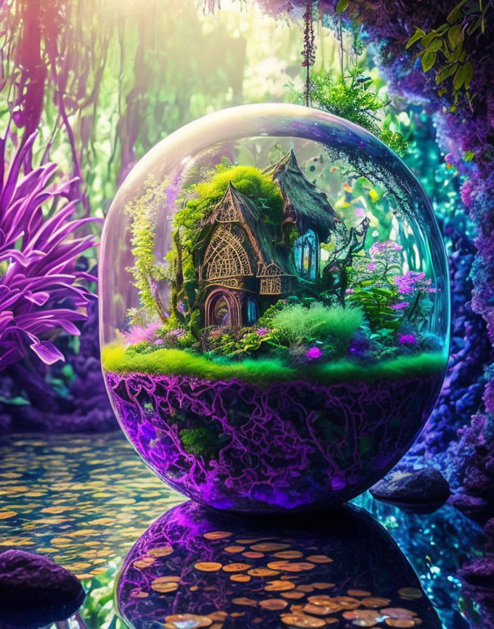 Fantastical terrarium with fairy-tale cottage in mystical forest