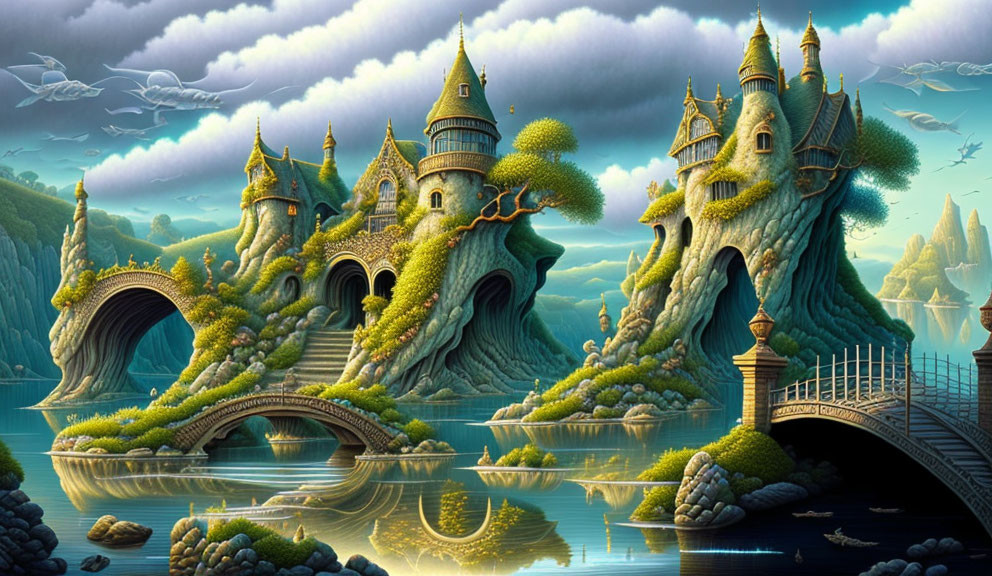 Whimsical fantasy landscape with tree-like castles and bridges