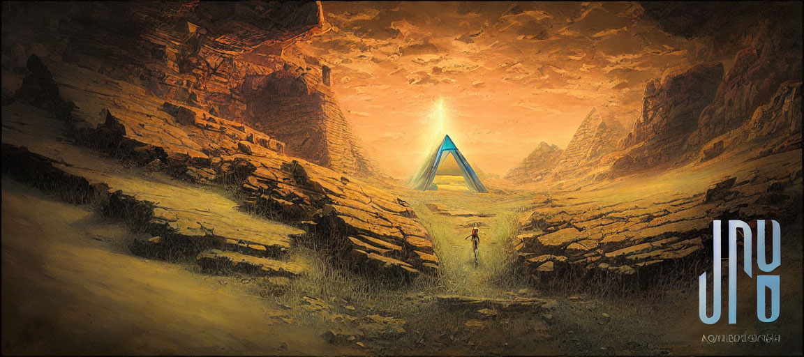 Mystical landscape with person, triangular portal, rocky terrain, and amber sky