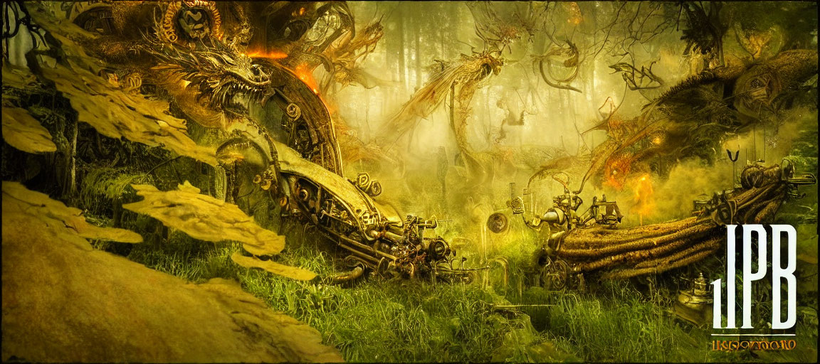 Mystical forest with steampunk elements: mechanical trees, gears, and robotic wildlife