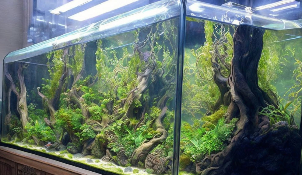 Aquariums with Clear Water, Elaborate Aquascaping, Wood, Plants, and Rocks