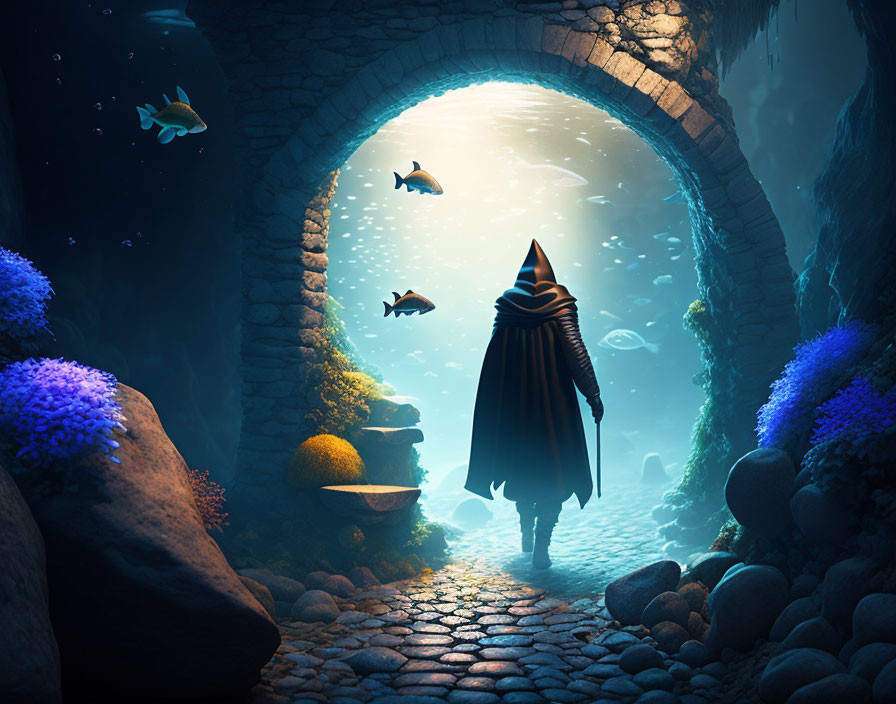 Cloaked figure at entrance of underwater archway with fish and coral.