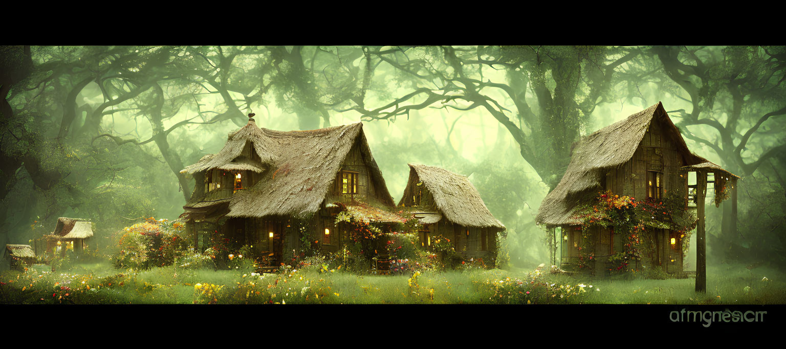 Rustic Thatched Roof Cottages in Forest Clearing