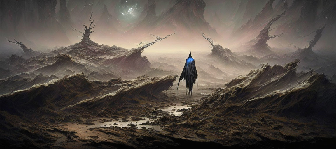 Mysterious cloaked figure in eerie alien landscape